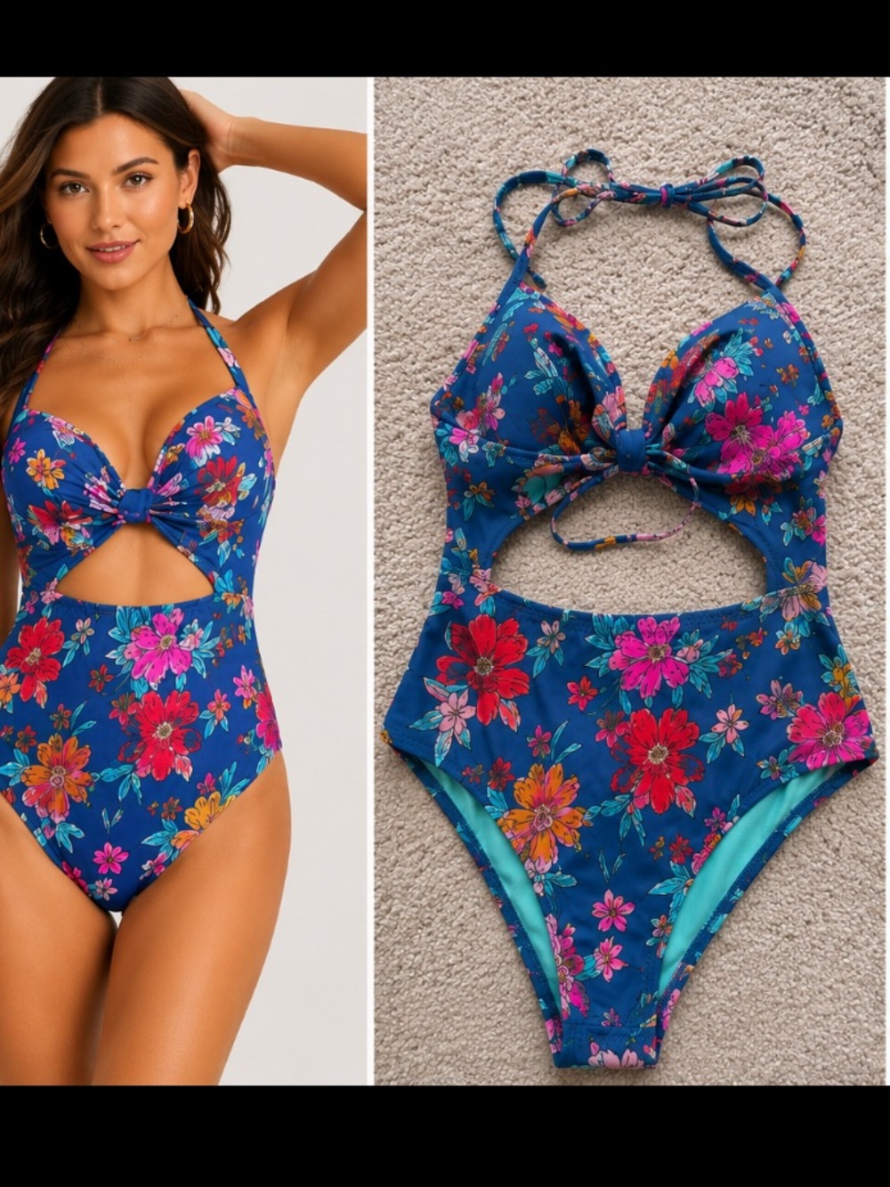 Shade & Shore Floral Cutout One Piece Swimsuit 34B Blue Pink Halter